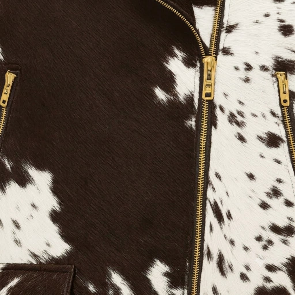 Hair On Leather Jacket – Men's Genuine Brown & White Cowhide Biker Jacket with Gold Hardware