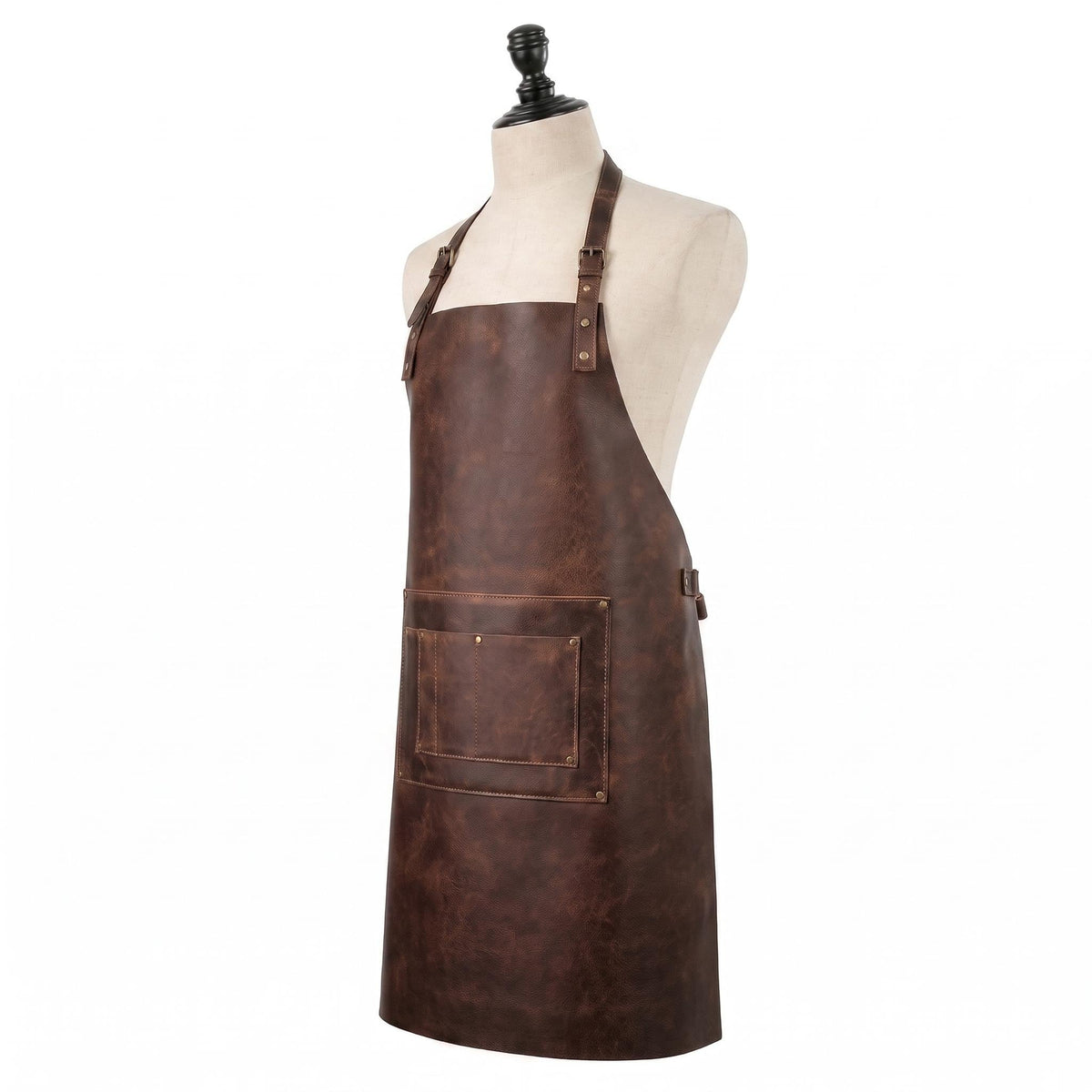 "Angled front view of a brown leather apron with front pocket, displayed on a mannequin."