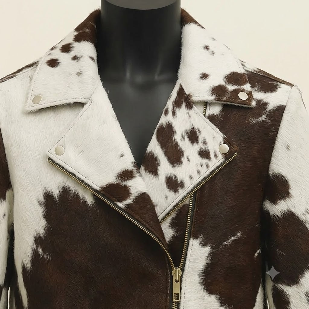 Hair On Leather Jacket – Men's Genuine Brown & White Cowhide Biker Jacket with Gold Hardware