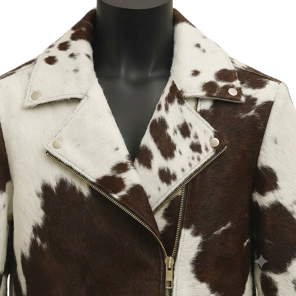 "Close-up view of the collar and zipper of a cowhide print leather biker jacket displayed on a black mannequin, featuring a gold zipper and studs, on a soft cream-colored background.")