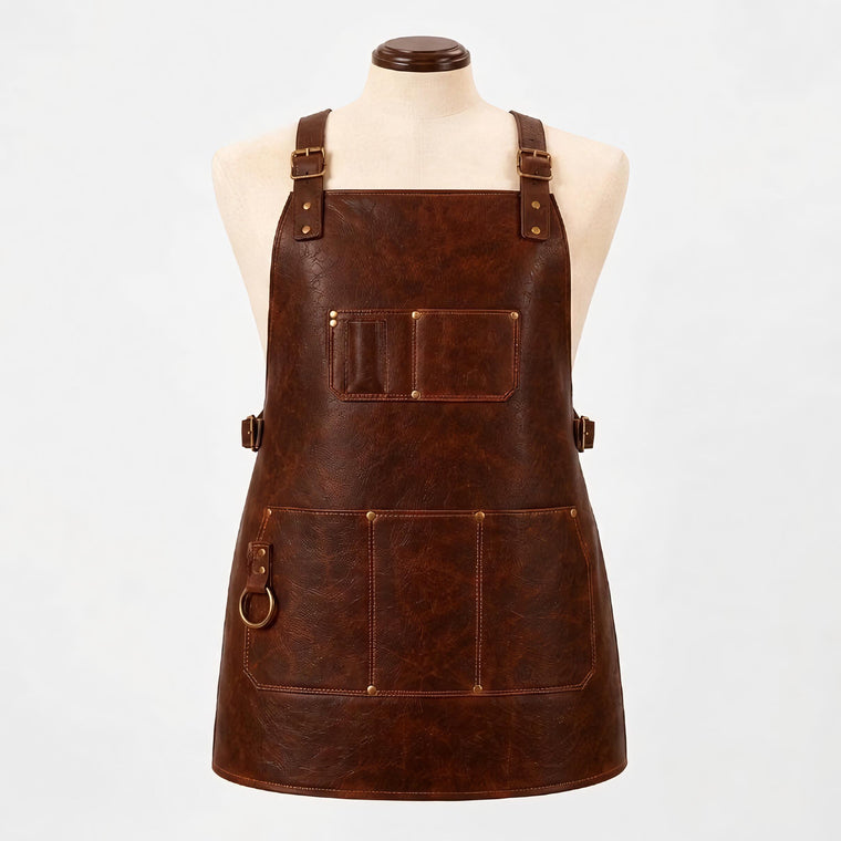 "Dark brown leather work apron displayed on a mannequin, featuring adjustable brass buckle straps, a chest pocket with pen/tool slots, a large front pocket with stitched compartments, and a brass D-ring on the left side for hanging tools."