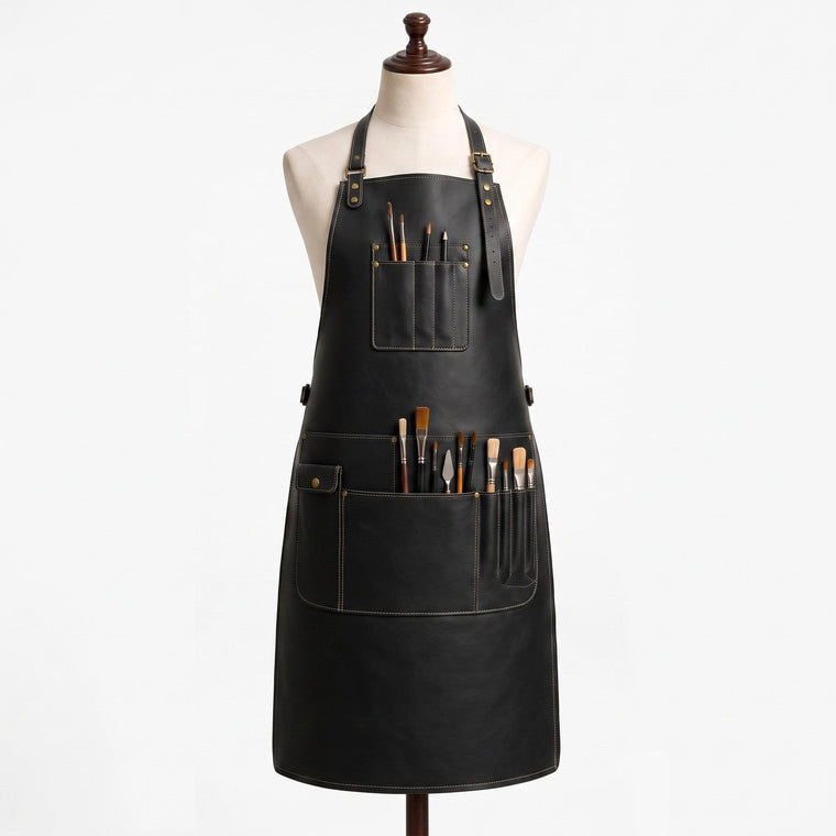"Black leather artist's apron with multiple pockets holding paintbrushes and a palette knife, displayed on a mannequin against white background."