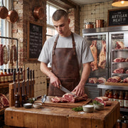 "Man wearing a brown leather apron cutting meat on a butcher block in a butcher shop."