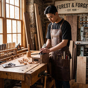 A man wearing a brown leather apron over a black t-shirt stands at a wooden workbench in a rustic woodshop, using a hand plane on a piece of wood. The workshop features stone walls, a large window with warm sunlight, and woodworking tools.