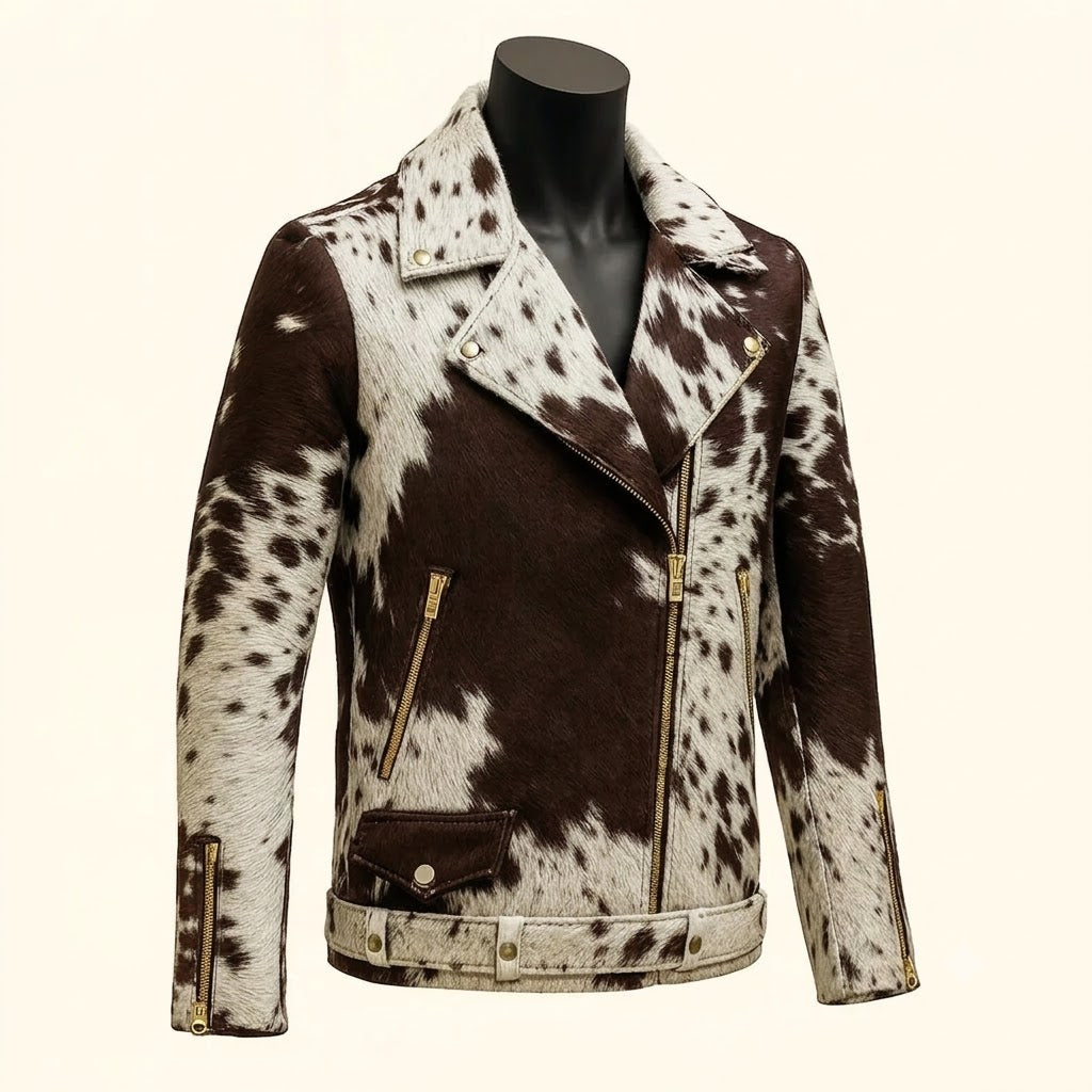 Hair On Leather Jacket – Men's Genuine Brown & White Cowhide Biker Jacket with Gold Hardware