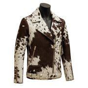 "Brown and white cowhide print leather biker jacket displayed on a black mannequin, featuring gold zippers and studs, on a soft cream-colored background.")