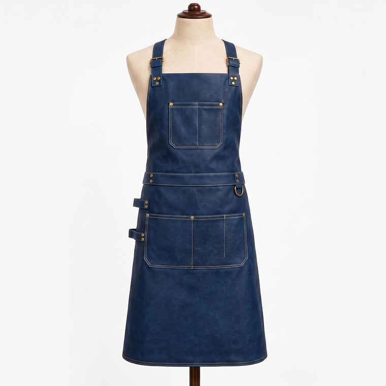 "Navy blue leather apron displayed on a fabric mannequin against a white background, featuring adjustable brass buckle shoulder straps, a large chest pocket with contrast stitching, a waist belt with a brass D-ring, and a lower double pocket with a small side loop for tools."