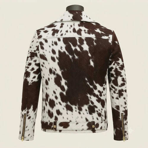 Hair On Leather Jacket – Men's Genuine Brown & White Cowhide Biker Jacket with Gold Hardware