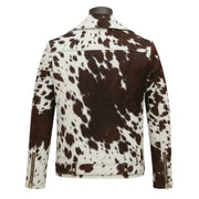 "Back view of a cowhide print leather biker jacket displayed on a black mannequin, featuring gold zippers on the sleeves, on a soft cream-colored background.")