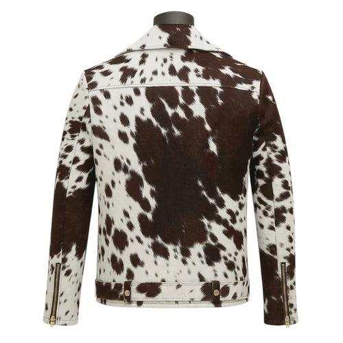Brown & White Cowhide Leather Biker Jacket