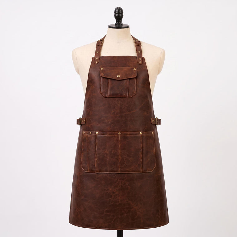Brown leather BBQ apron with adjustable straps, waist belt, brass hardware and multiple utility pockets on mannequin.