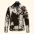 Hair On Leather Jacket – Men's Genuine Brown & White Cowhide Biker Jacket with Gold Hardware