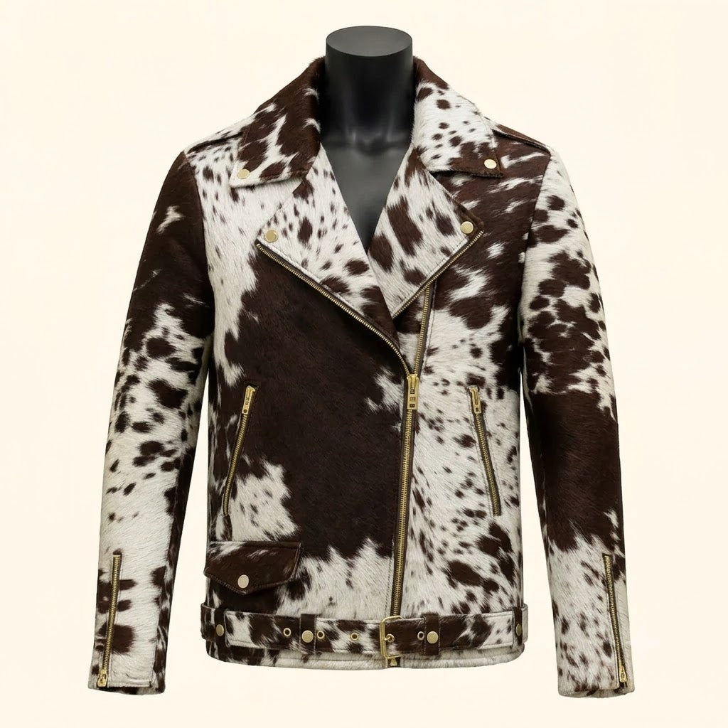 Hair On Leather Jacket – Men's Genuine Brown & White Cowhide Biker Jacket with Gold Hardware