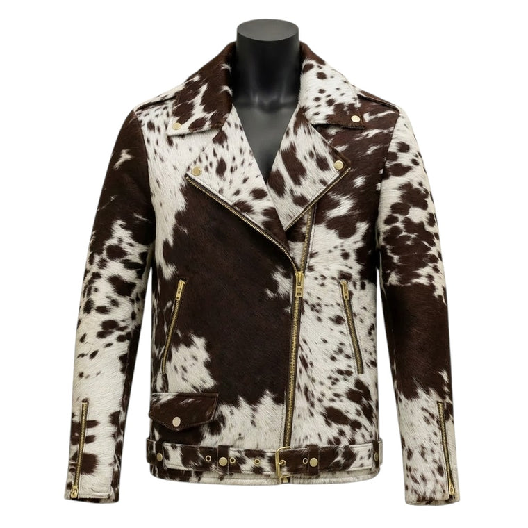 Brown & White Cowhide Leather Biker Jacket
