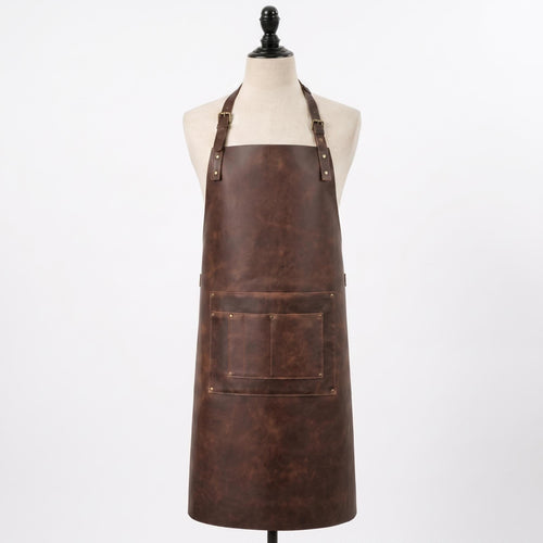 "Brown distressed leather apron with front pocket, displayed on a mannequin against a white background."