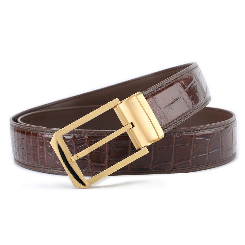 Men's Genuine Leather Belt – Crocodile Embossed Pattern with Pin Buckle (Black/Brown)