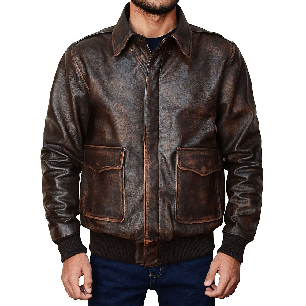 Men's Distressed Brown Leather Jacket, A2 Bomber Aviator Style Real Leather Jacket, Vintage Flight Jacket, Handmade Gift for Him