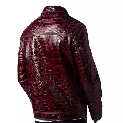 Men's Crocodile Embossed Leather Jacket – Burgundy Zip-Up Moto Jacket