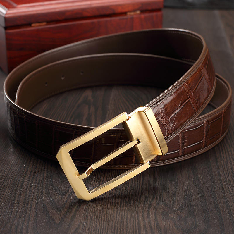 Men's Genuine Leather Belt – Crocodile Embossed Pattern with Pin Buckle (Black/Brown)