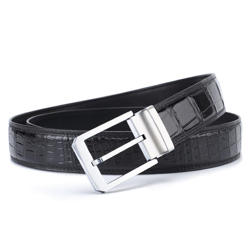 Men's Genuine Leather Belt – Crocodile Embossed Pattern with Pin Buckle (Black/Brown)