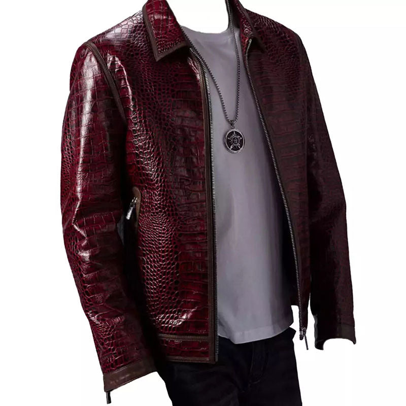 Men's Crocodile Embossed Leather Jacket – Burgundy Zip-Up Moto Jacket