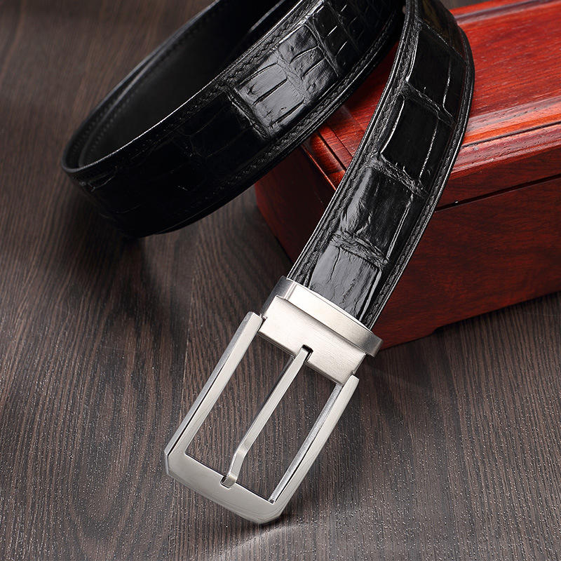 Men's Genuine Leather Belt – Crocodile Embossed Pattern with Pin Buckle (Black/Brown)