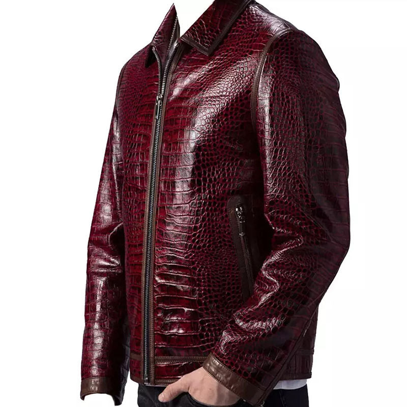 Men's Crocodile Embossed Leather Jacket – Burgundy Zip-Up Moto Jacket