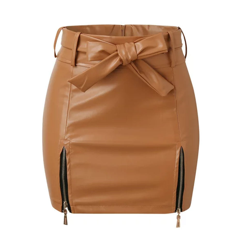 Leather Ladies Skirt – High Waist Faux Leather Bodycon Mini Skirt with Belt