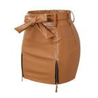 Leather Ladies Skirt – High Waist Faux Leather Bodycon Mini Skirt with Belt