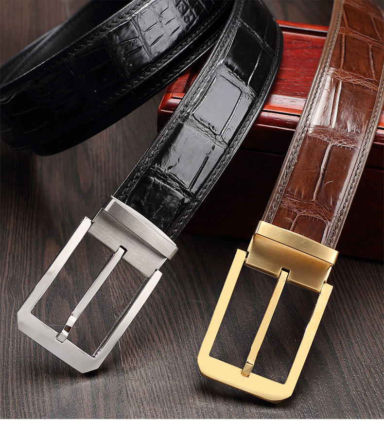 Men's Genuine Leather Belt – Crocodile Embossed Pattern with Pin Buckle (Black/Brown)