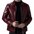 Men's Crocodile Embossed Leather Jacket – Burgundy Zip-Up Moto Jacket