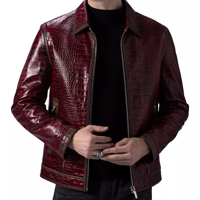 Men's Crocodile Embossed Leather Jacket – Burgundy Zip-Up Moto Jacket
