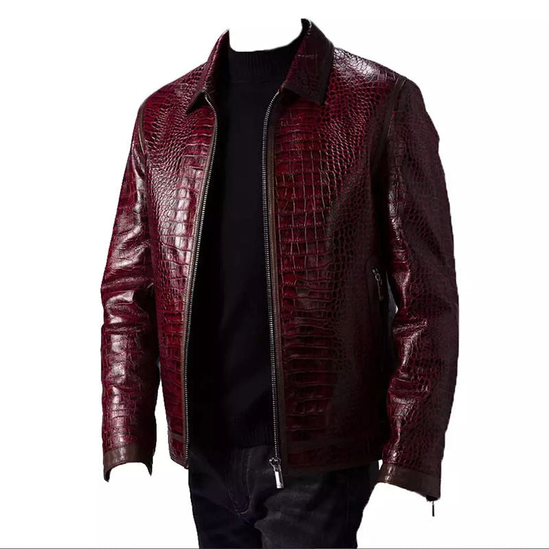 Men's Crocodile Embossed Leather Jacket – Burgundy Zip-Up Moto Jacket
