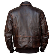 Back view of brown distressed leather A-2 bomber jacket showing shoulder seams and ribbed hem, product photo on white background."