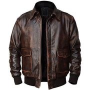 "Brown distressed leather A-2 bomber jacket, front view, flap pockets and ribbed trim, product photo on white background."