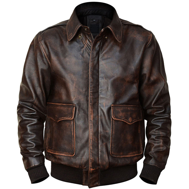 Vintage distressed brown leather A-2 bomber jacket with flap pockets, front zipper, and ribbed cuffs, product shot on white background."