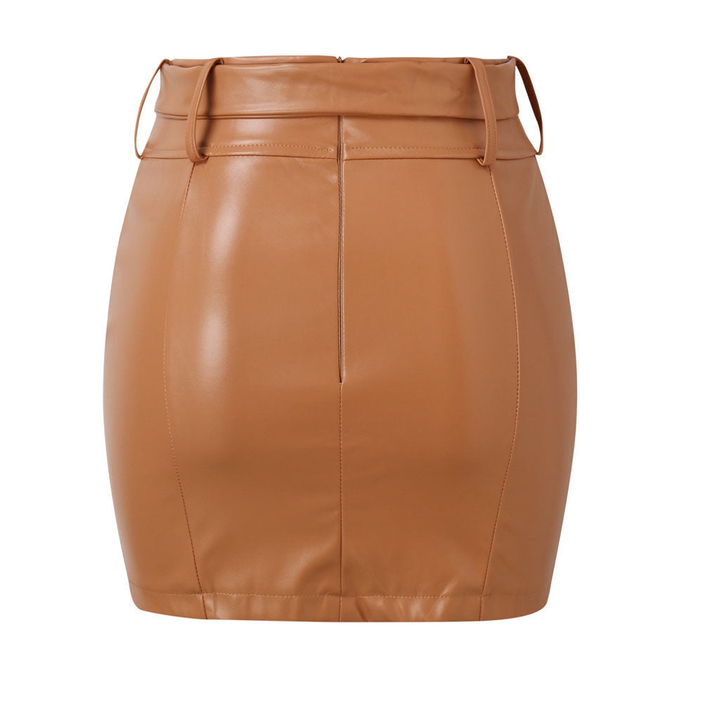 Leather Ladies Skirt – High Waist Faux Leather Bodycon Mini Skirt with Belt