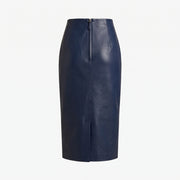 Navy Blue Side-Slit Leather Midi Skirt – Women’s Leather Skirt