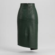 Buckled High-Waisted Leather Midi Skirt – Dark Green