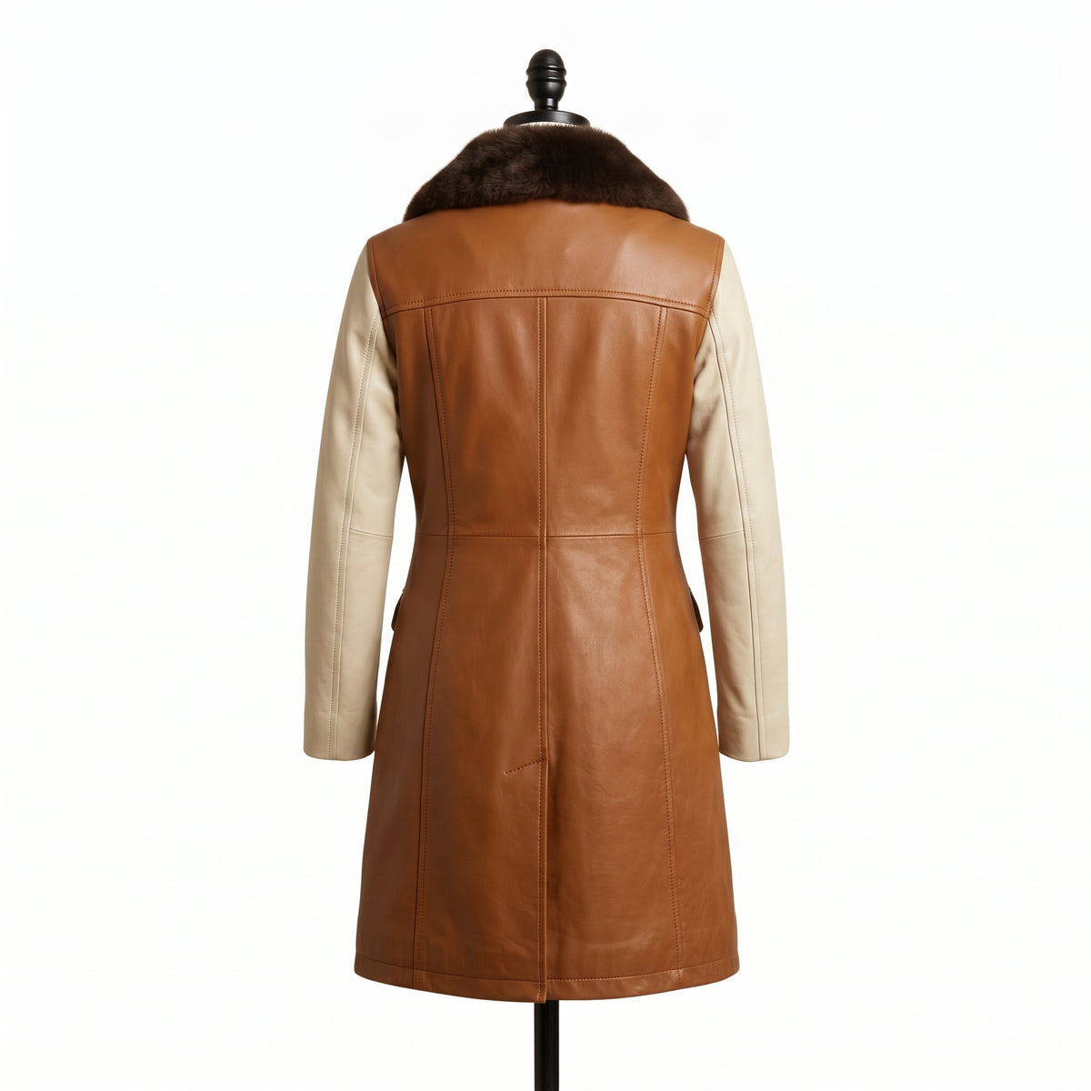 Women’s Two-Tone Leather Trench Coat  with fur collar