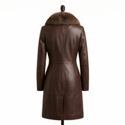Women’s Single-Breasted Brown Leather Coat with Fur Collar
