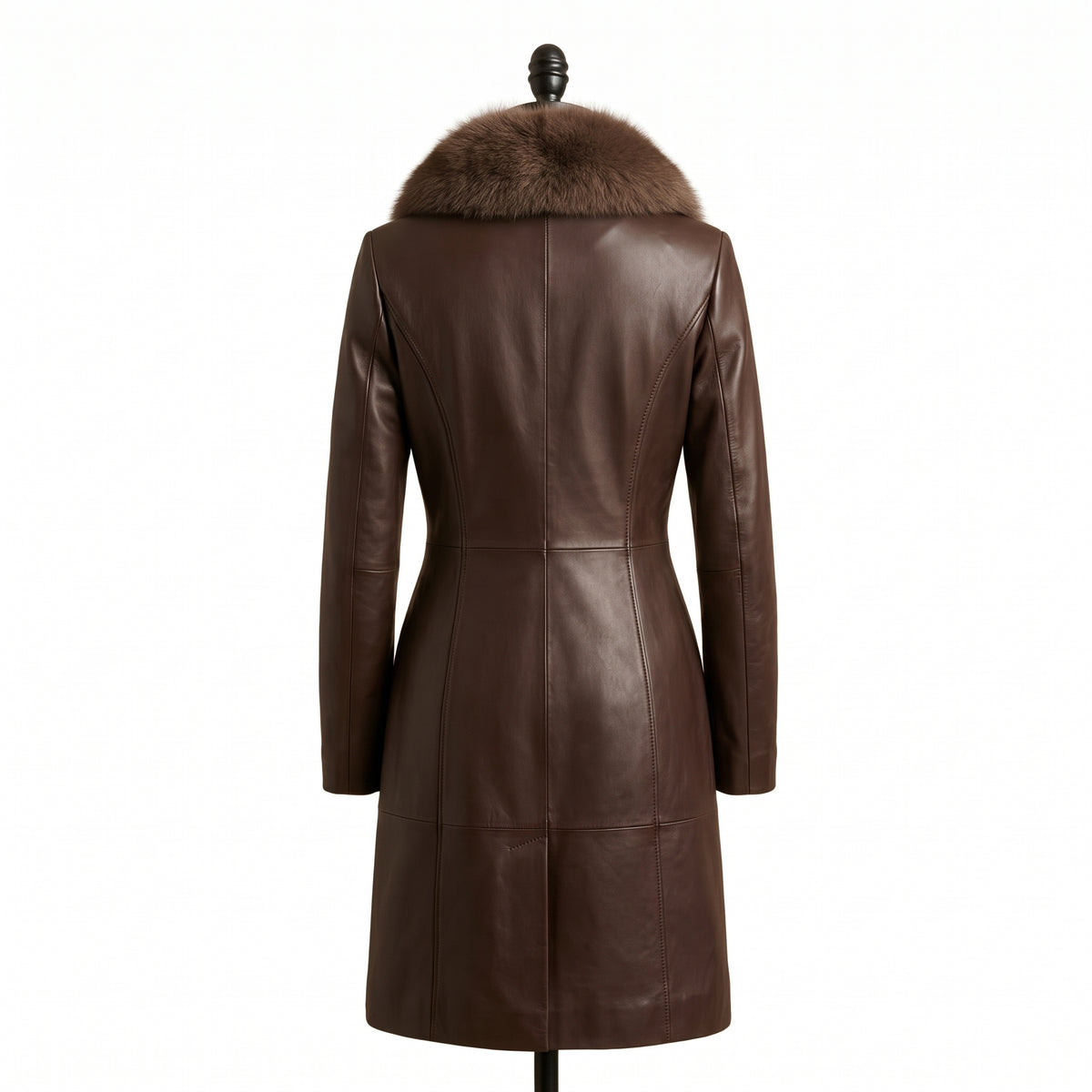 Women’s Single-Breasted Brown Leather Coat with Fur Collar