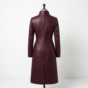 Women’s Burgundy Long Leather Trench Coat with Mandarin Collar