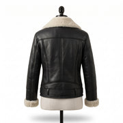 Women’s Black Shearling Leather Biker Jacket – Belted Aviator