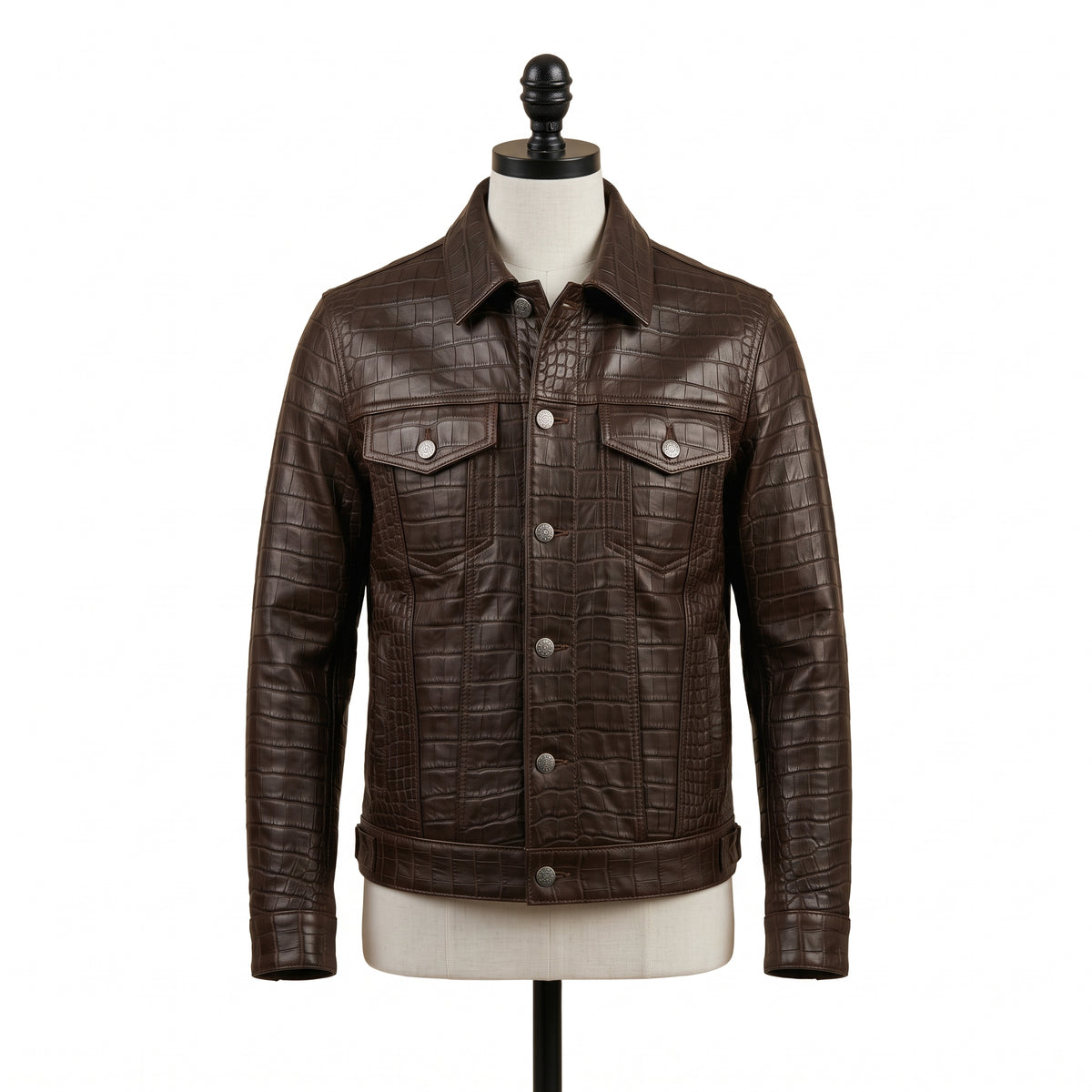 Men’s Dark Brown Crocodile Embossed Leather Trucker Jacket