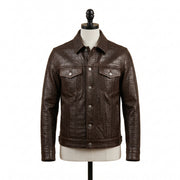 Men’s Dark Brown Crocodile Embossed Leather Trucker Jacket