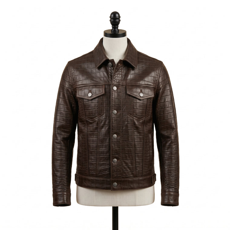 Men’s Dark Brown Crocodile Embossed Leather Trucker Jacket