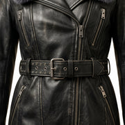Women’s Long Leather Biker Trench Coat with Belt