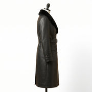 Women’s Double-Breasted Leather Trench Coat with Fur Collar