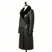 Women’s Double-Breasted Leather Trench Coat with Fur Collar